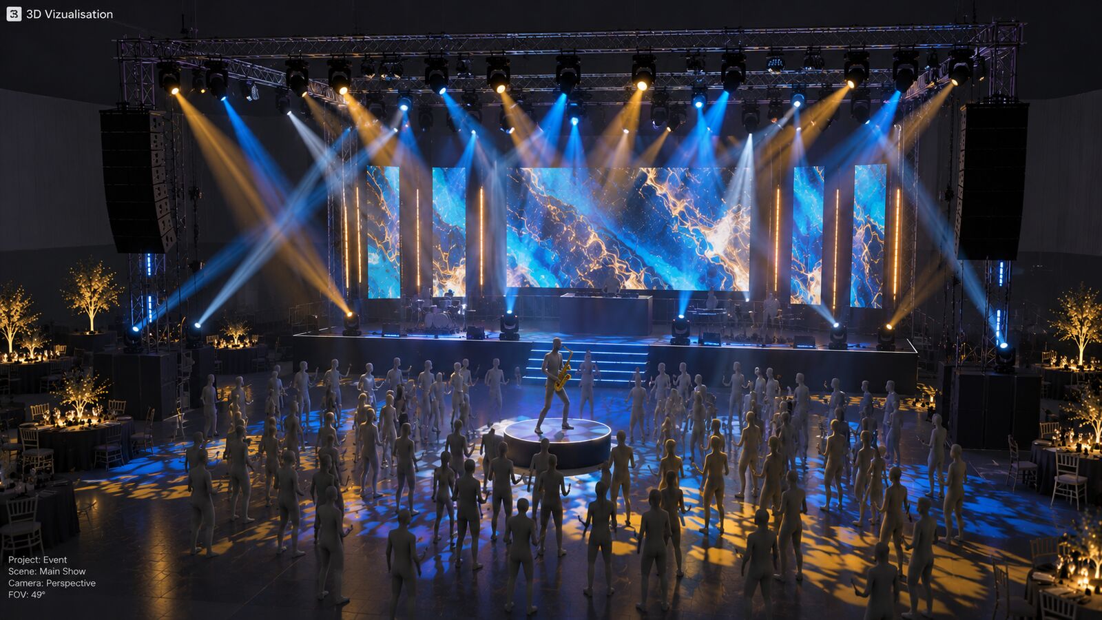 Randare 3D: saxofonist pe o platformă în mijlocul publicului, cu beam-uri albastre și aurii, ecrane LED și haze la un eveniment